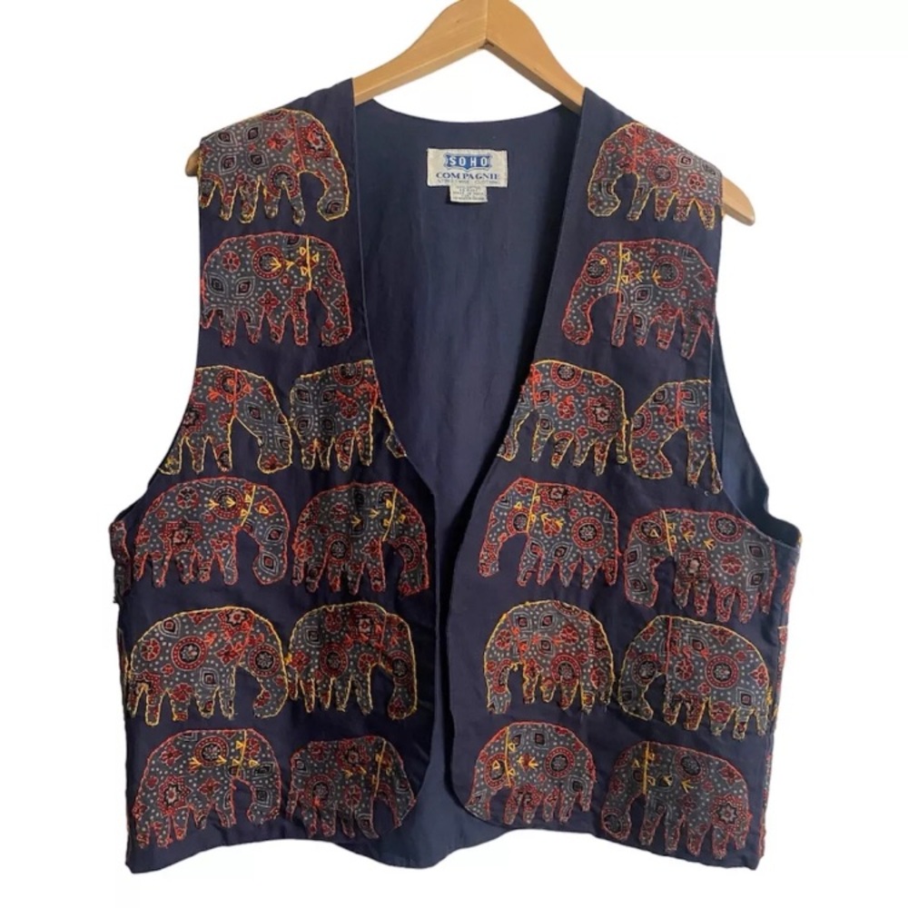 SOHO Compagnie Women’s Vintage Boho Hand Made Embroidered Elephant Vest Size L